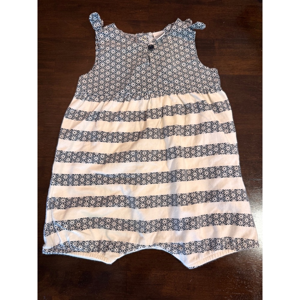 Petit Lem Baby Girls Blue White Geometric Striped Sleeveless Romper 6M Cottage